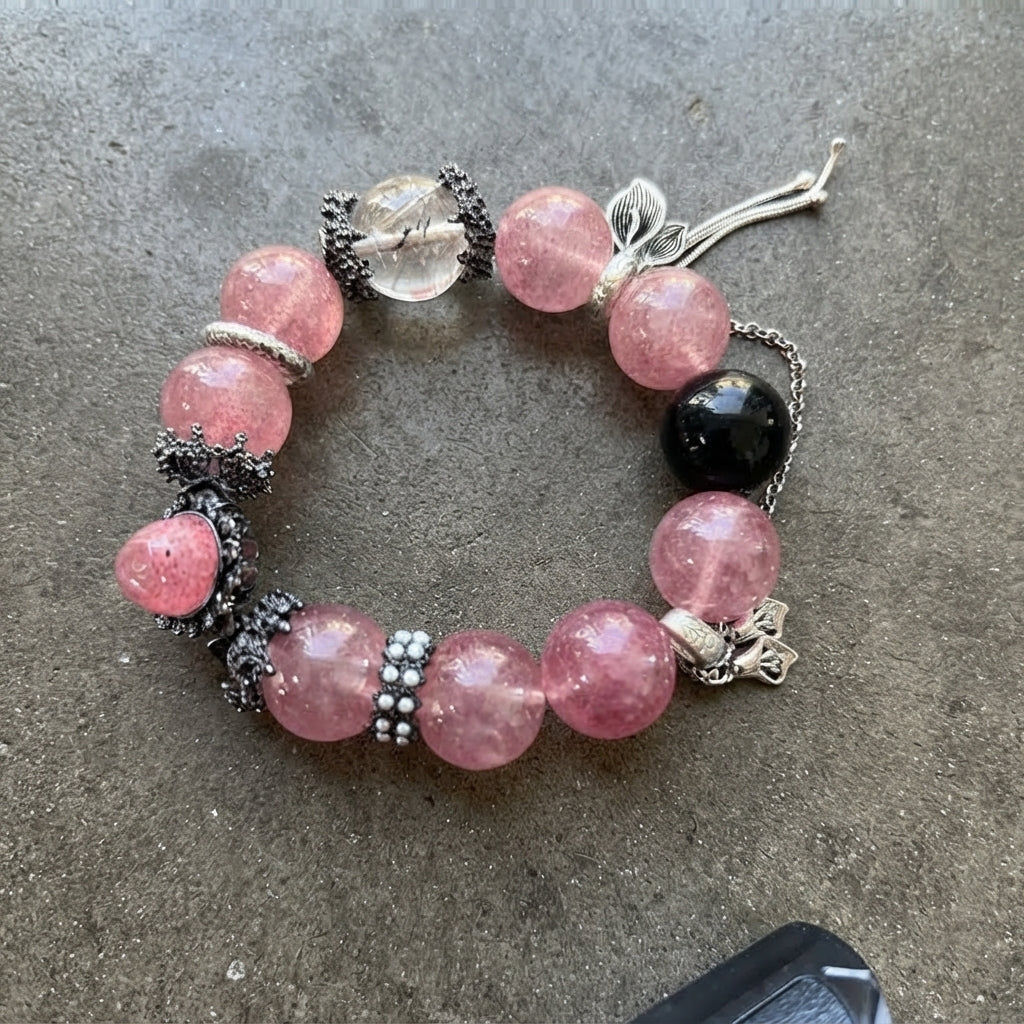 Strawberry Quartz & Rutilated Crystal Charm Bracelet