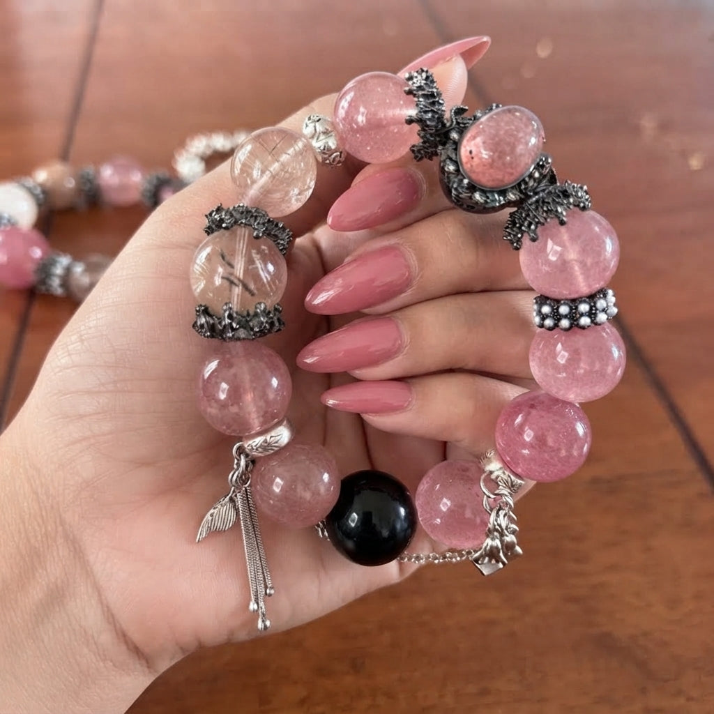 Strawberry Quartz & Rutilated Crystal Charm Bracelet