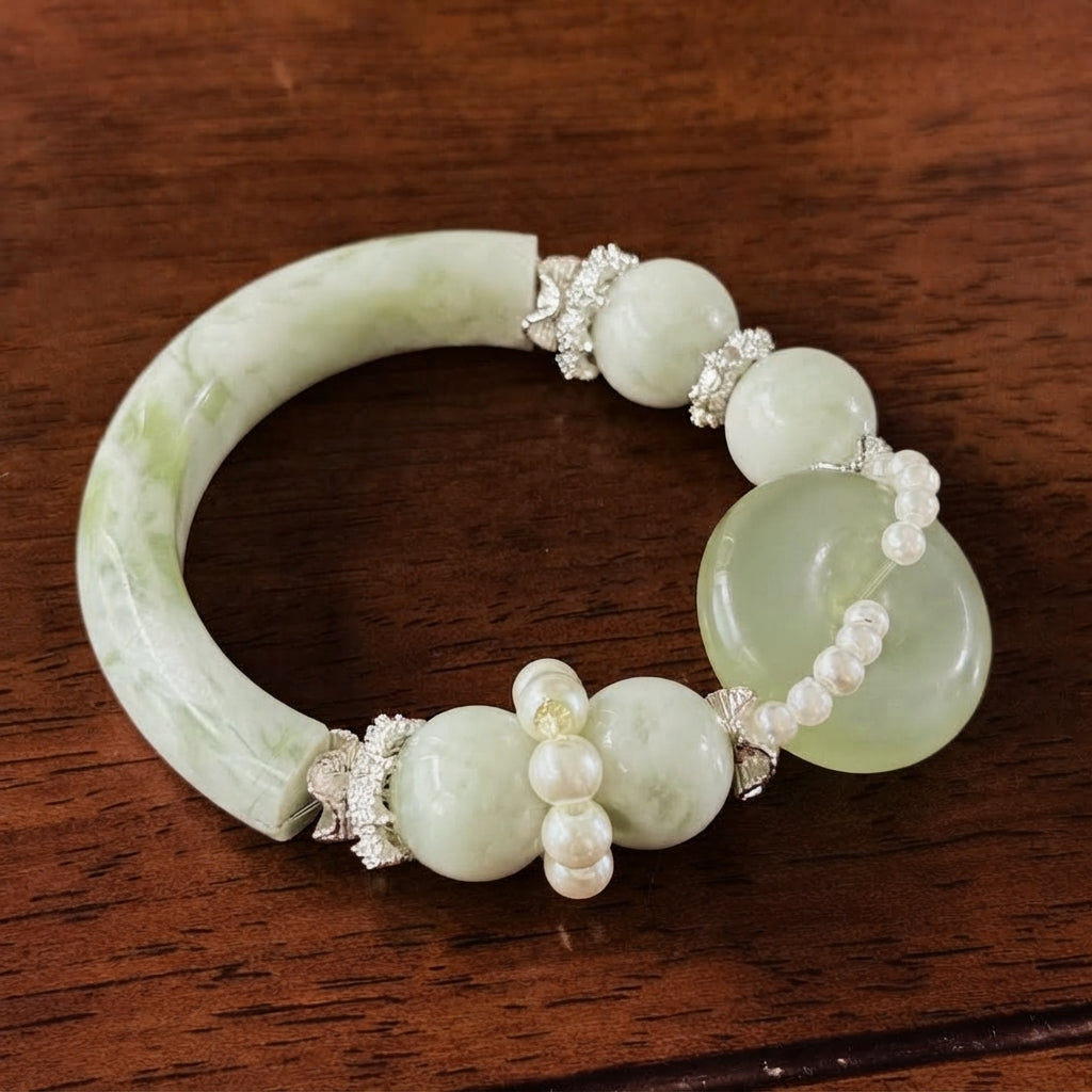 Nephrite Jade & Pearl Bangle Bracelet – 16cm