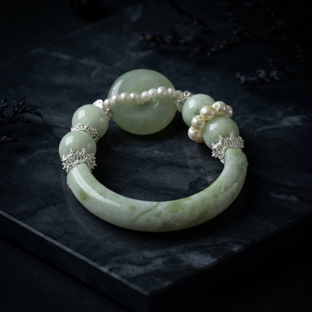 Nephrite jade pearl bangle bracelet on malachite tray with crystals