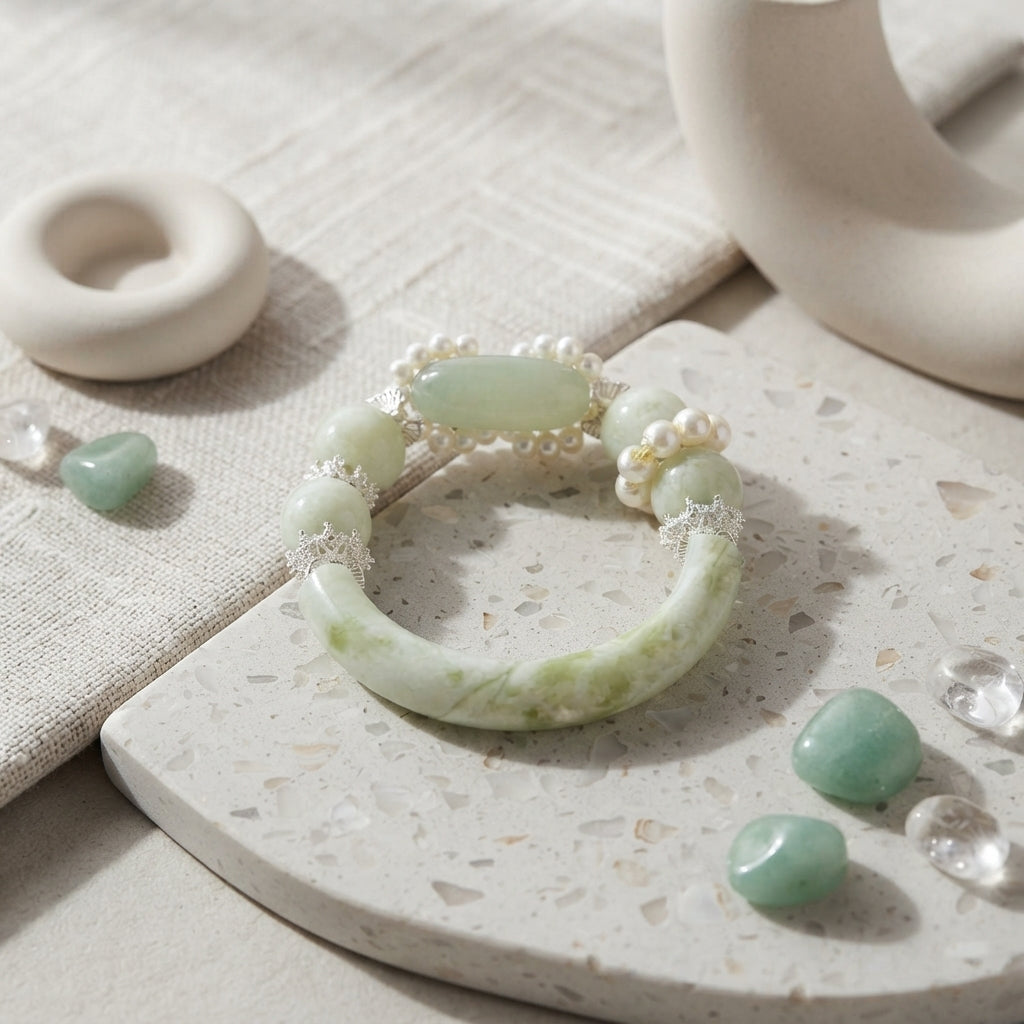 Nephrite Jade & Pearl Bangle Bracelet – 16cm