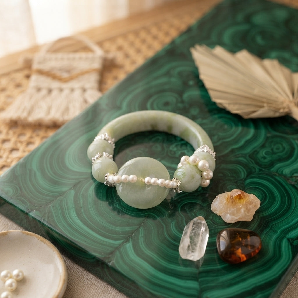 Nephrite jade and pearl bracelet set on woven palm leaf and pampas grass