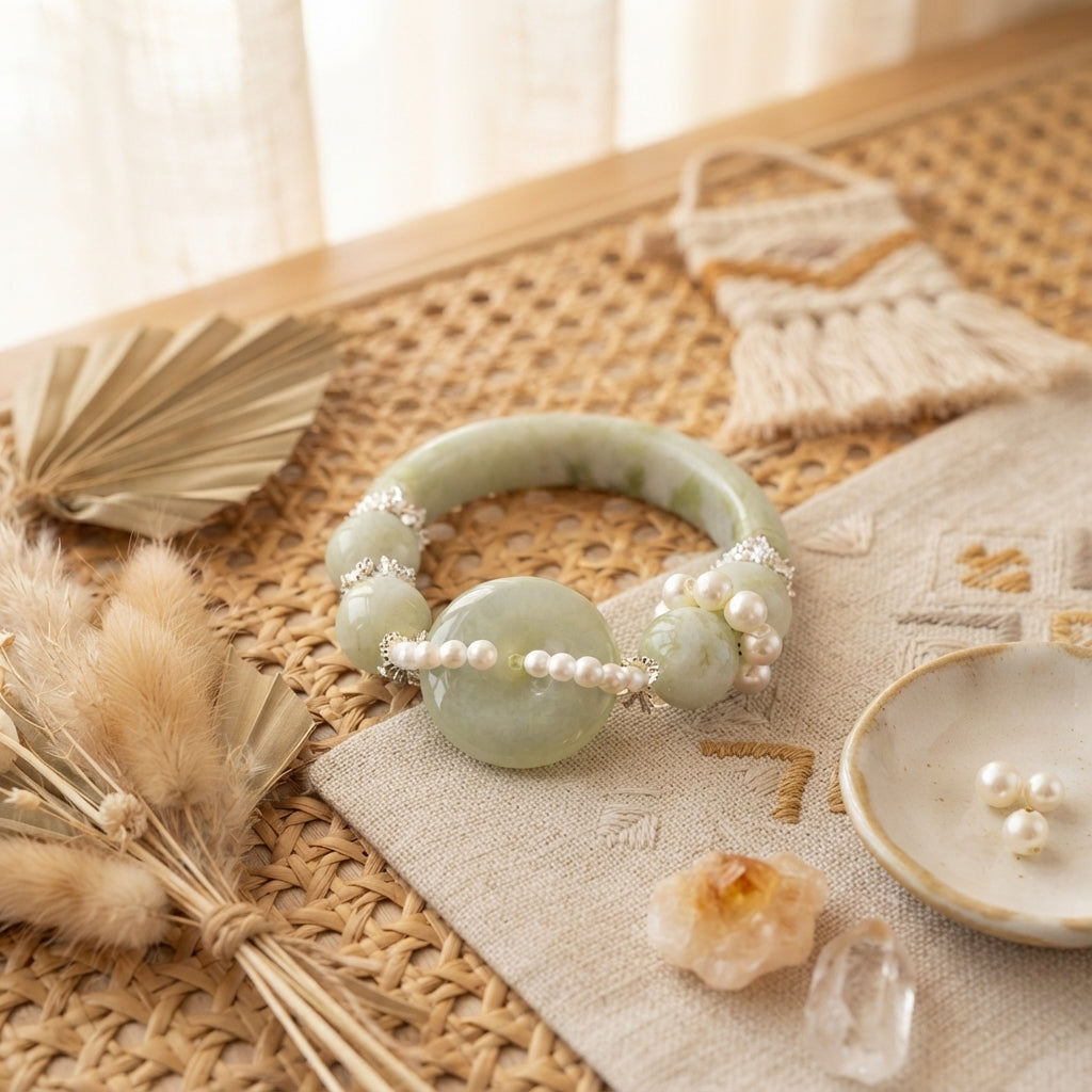 Nephrite jade bracelet on dark marble surface – editorial flat lay