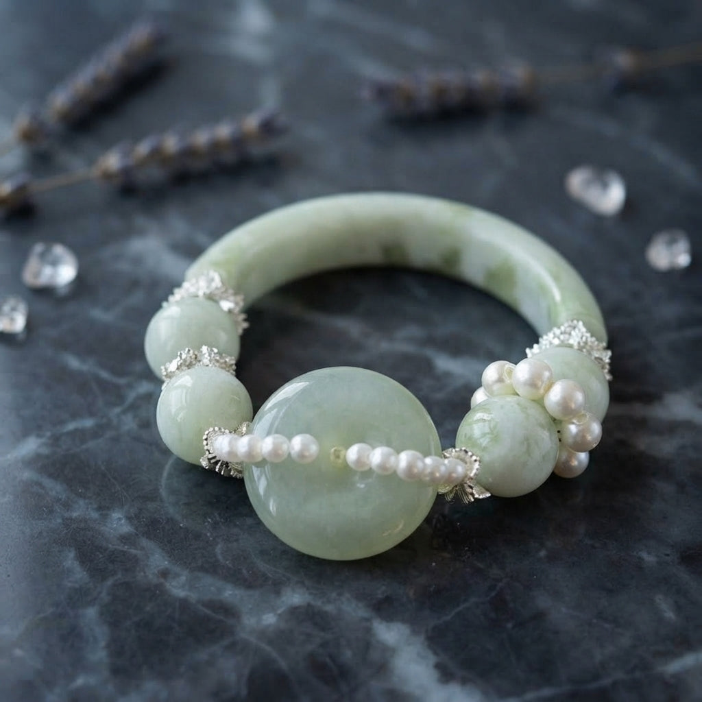 Nephrite Jade & Pearl Bangle Bracelet – 16cm