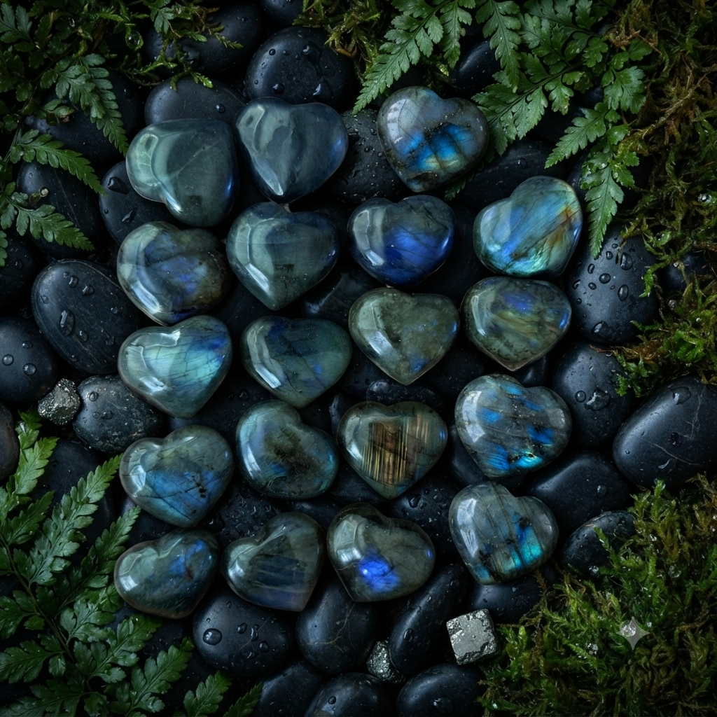 Labradorite Heart Crystal Flashy Blue Green Palm Stone | 31mm–37mm  | Intuition & Protection Stone