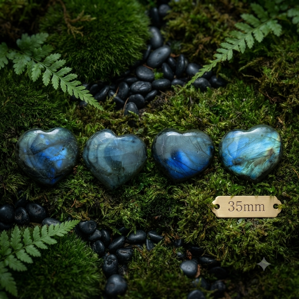 Labradorite Heart Crystal Flashy Blue Green Palm Stone | 31mm–37mm  | Intuition & Protection Stone