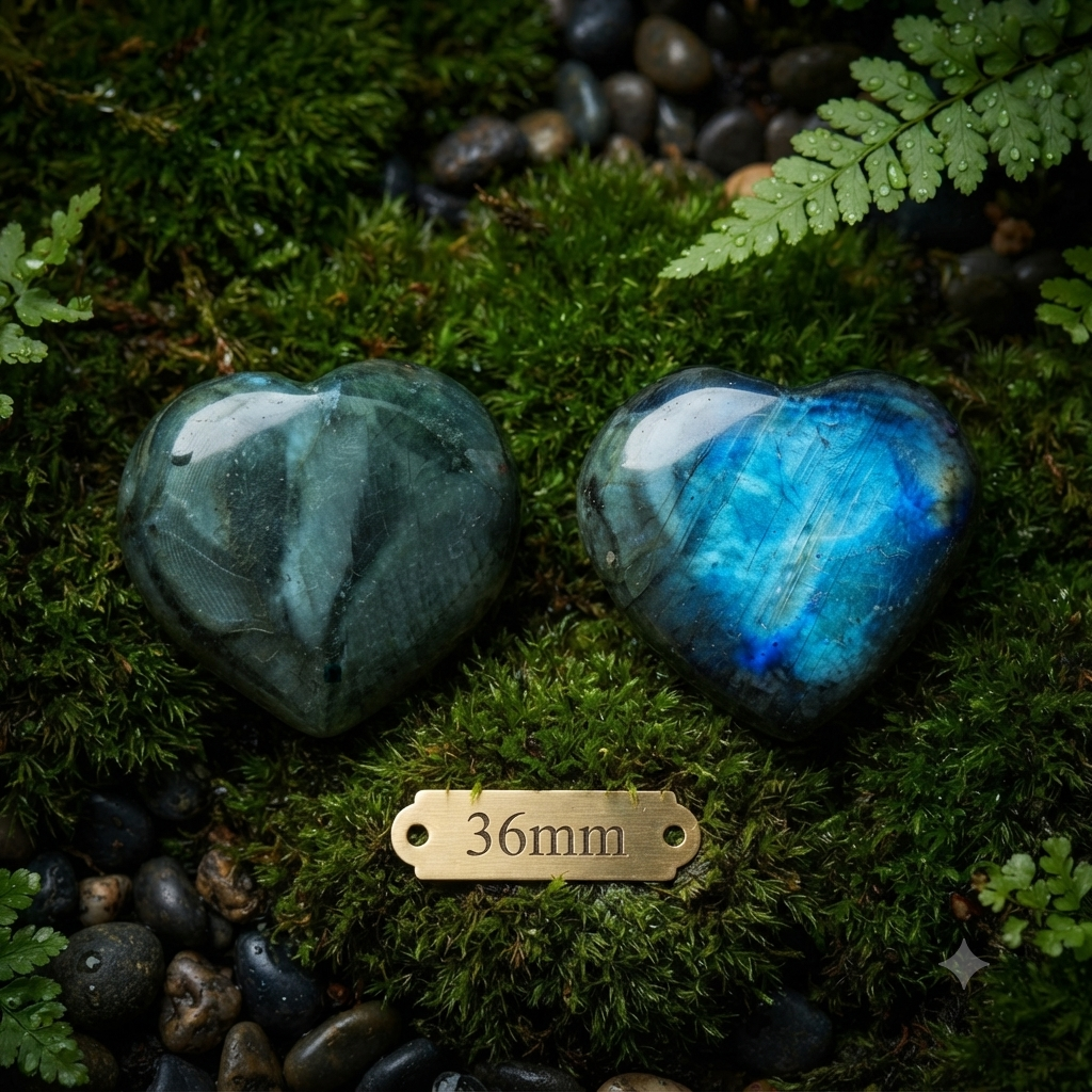 Labradorite Heart Crystal Flashy Blue Green Palm Stone | 31mm–37mm  | Intuition & Protection Stone