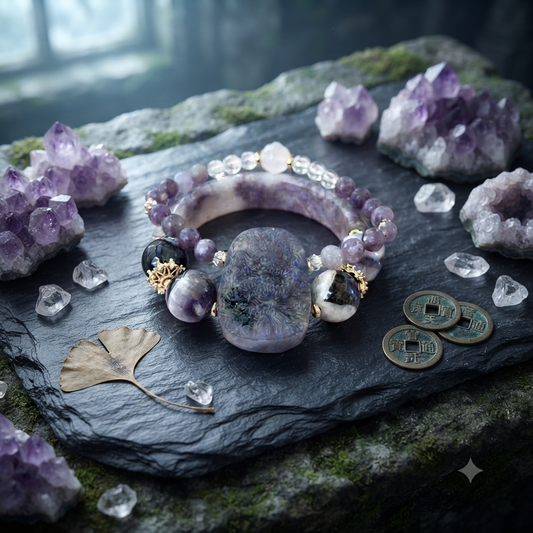 Amethyst Bangle Bracelet with Carved Dragon Pendant