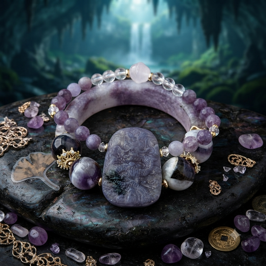 Amethyst Bangle Bracelet with Carved Dragon Pendant