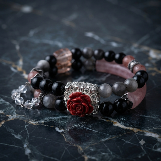 Strawberry Quartz & Silver Obsidian Bangle Bracelet Set
