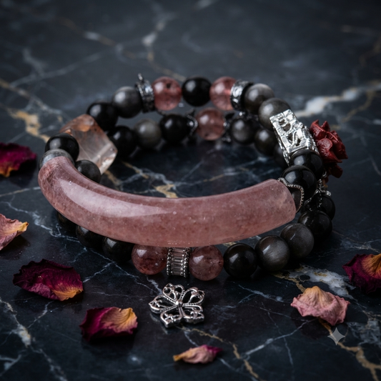 Strawberry Quartz & Silver Obsidian Bangle Bracelet Set
