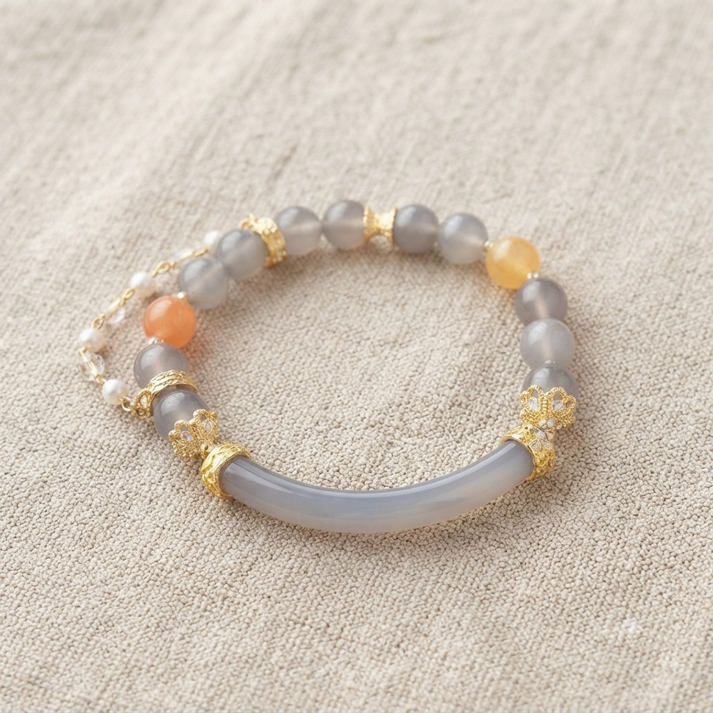 Grey Agate & Peach Moonstone Bangle Bracelet