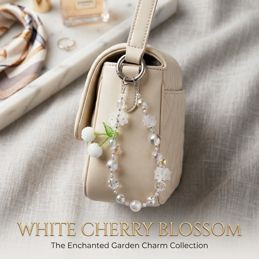 White Cherry Blossom Enchanted Garden Charm laid flat on linen with frosted floral and crystal beads detail