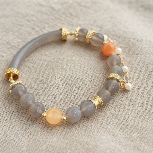 Grey Agate & Peach Moonstone Bangle Bracelet