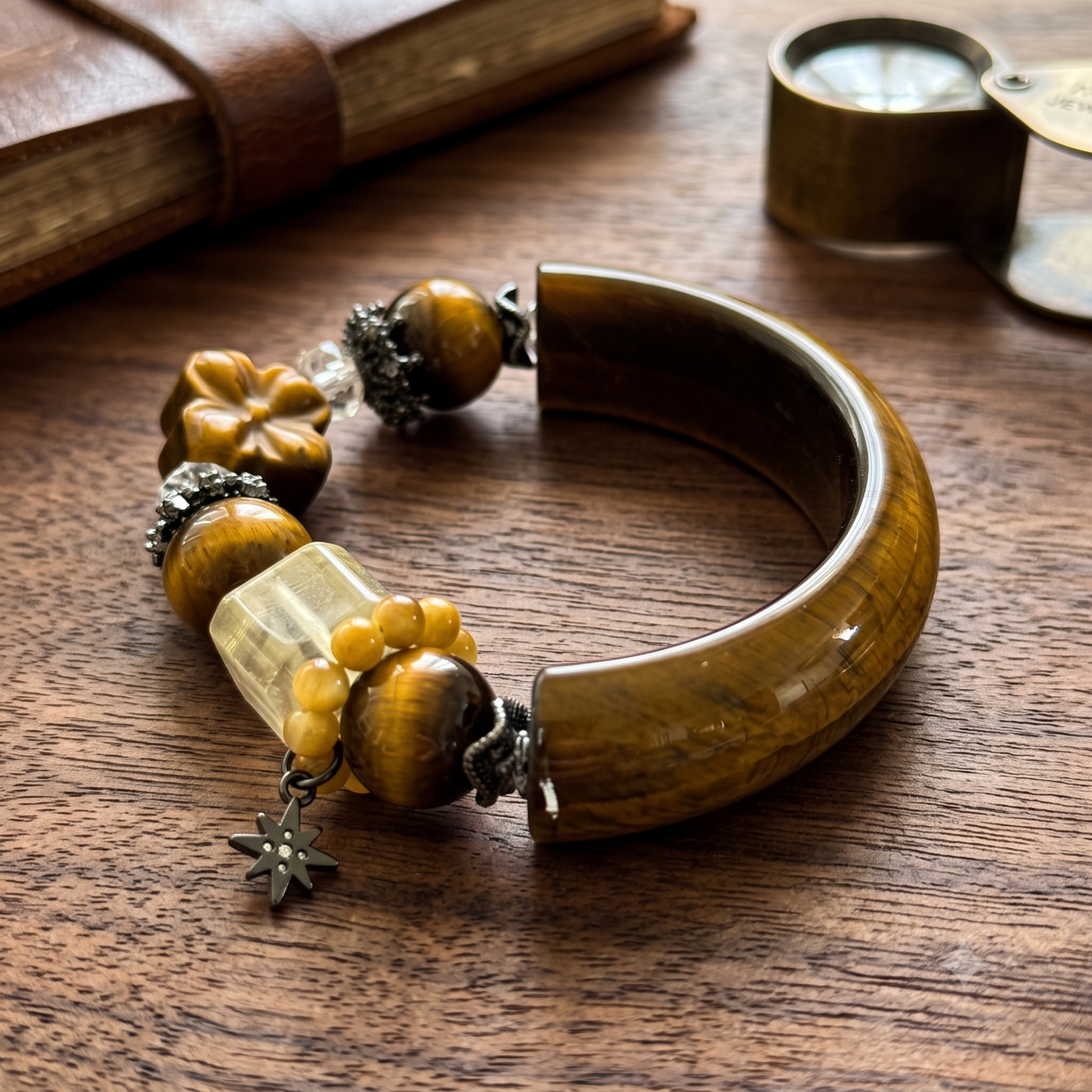 Tiger's Eye Bangle Bracelet with Citrine & Carved Flower Charm Small Wrist 5.5"