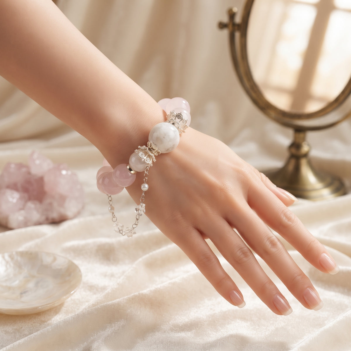 Rose Quartz & Cloud Quartz Beaded Bracelet 5.7"
