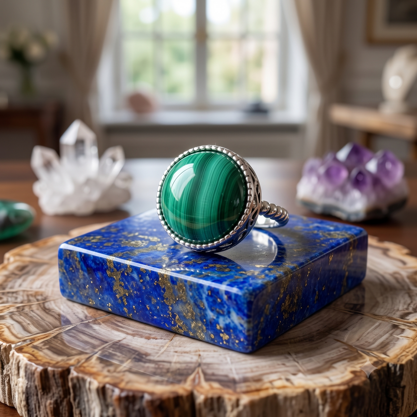 Adjustable Malachite Crystal Stainless Steel Ring