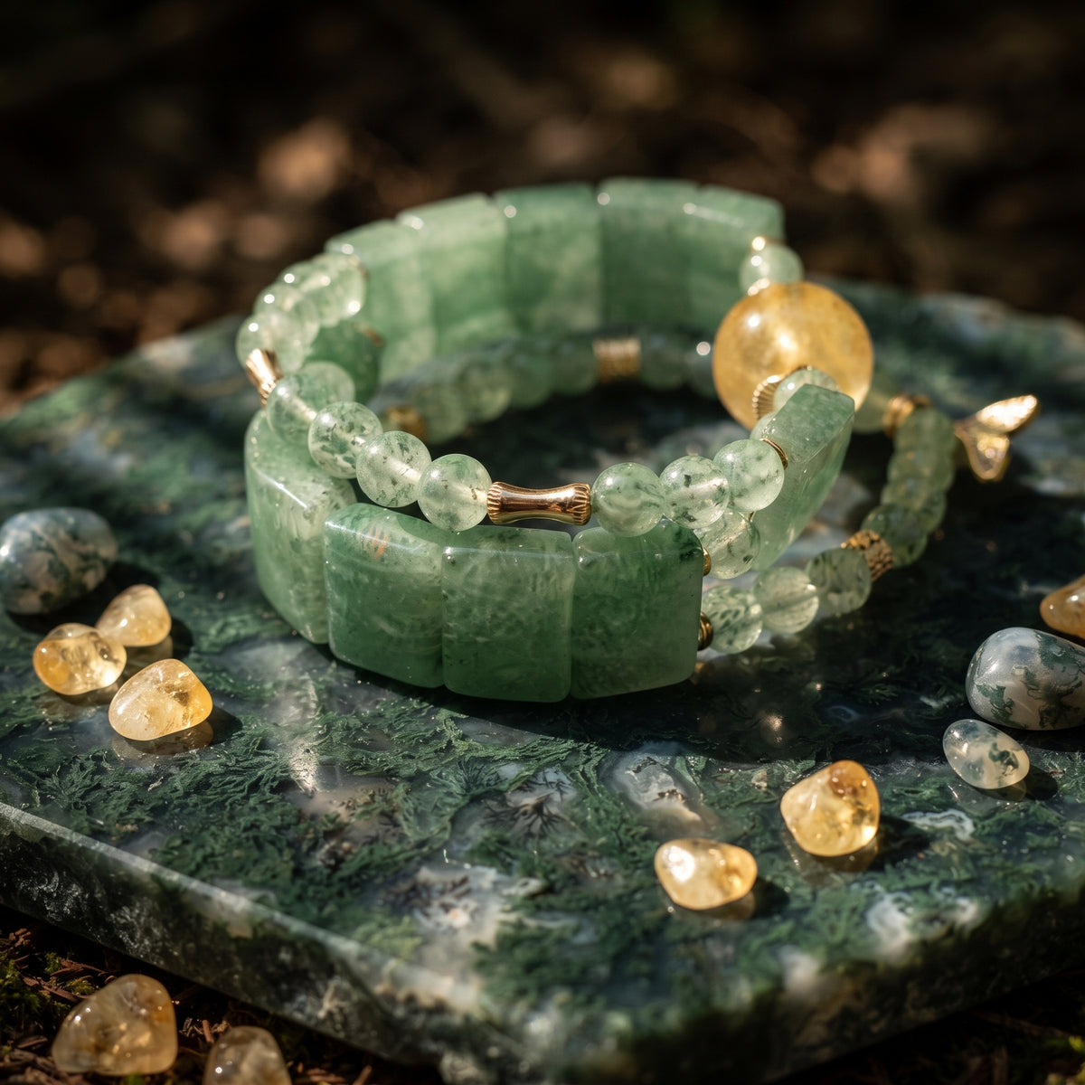Green Strawberry Quartz & Citrine Double-Strand Bracelet Stack