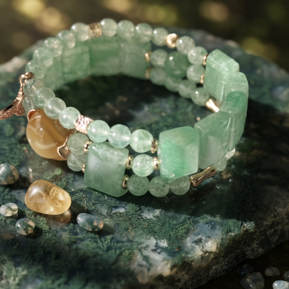 Green Strawberry Quartz & Citrine Double-Strand Bracelet Stack