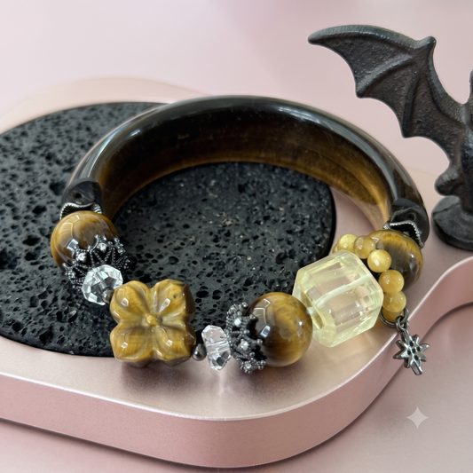 Tiger's Eye Bangle Bracelet with Citrine & Carved Flower Charm Small Wrist 5.5"