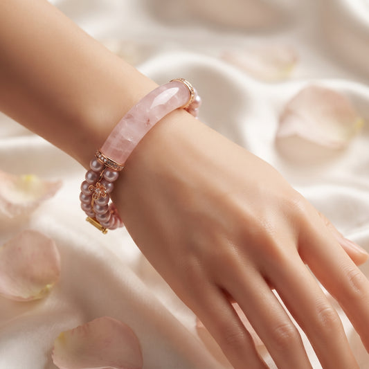 Rose Quartz & Freshwater Pearl Bangle Bracelet 6"
