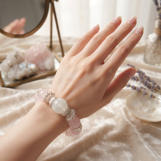 Rose Quartz & Cloud Quartz Beaded Bracelet 5.7"