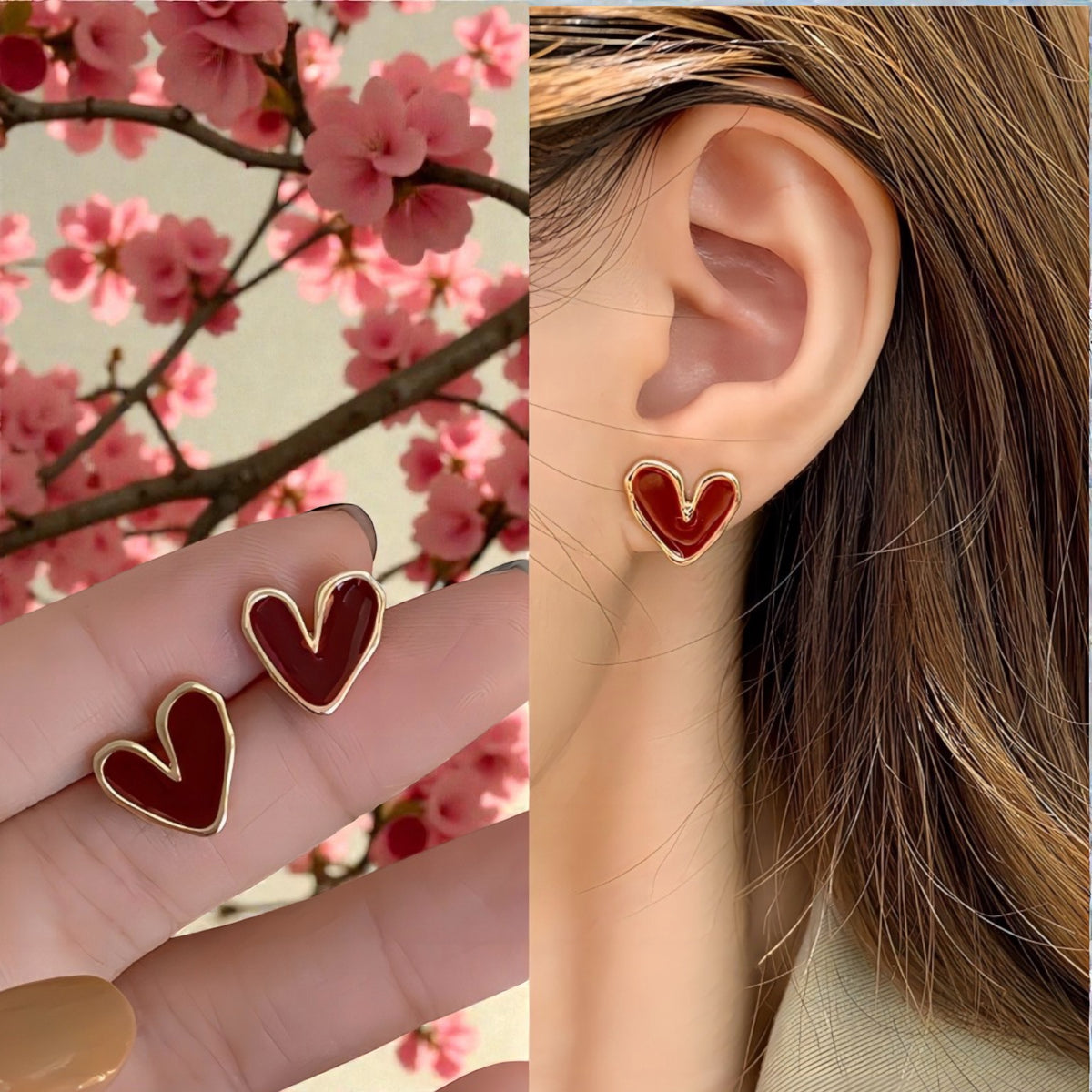 Red Heart Stud Earrings, Bold Retro Heart Jewelry, Gold Tone Statement Studs