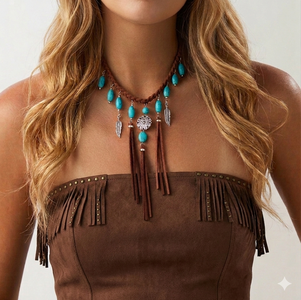 Turquoise Leather Fringe Necklace
