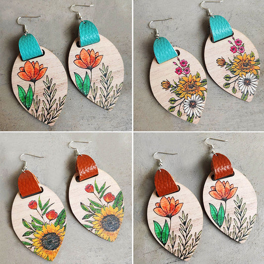 Floral Wood & Leather Dangle Earrings