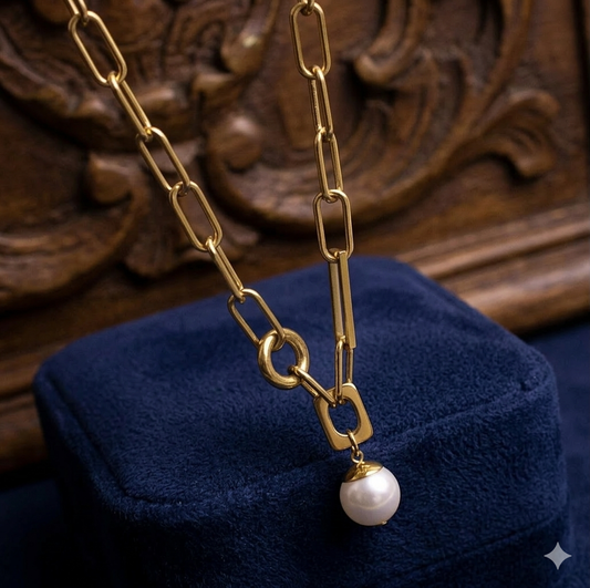 Gold Paperclip Chain Pearl Pendant Necklace – 18K Gold Plated Stainless Steel