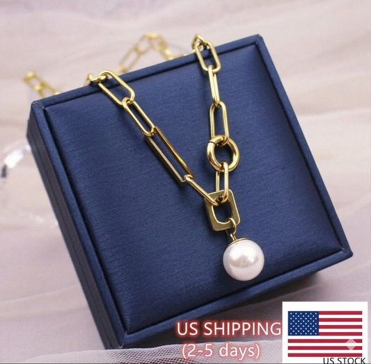 Gold Paperclip Chain Pearl Pendant Necklace – 18K Gold Plated Stainless Steel