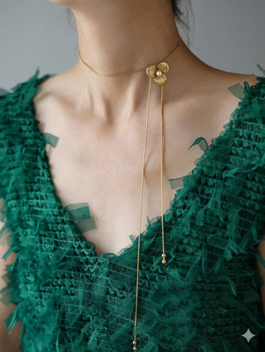 Pearl Flower Bolo Lariat Necklace