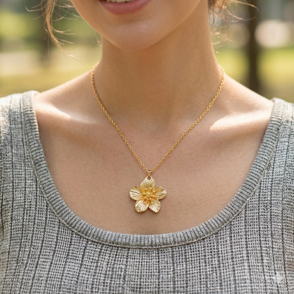 Gold Cherry Blossom Flower Pendant Necklace