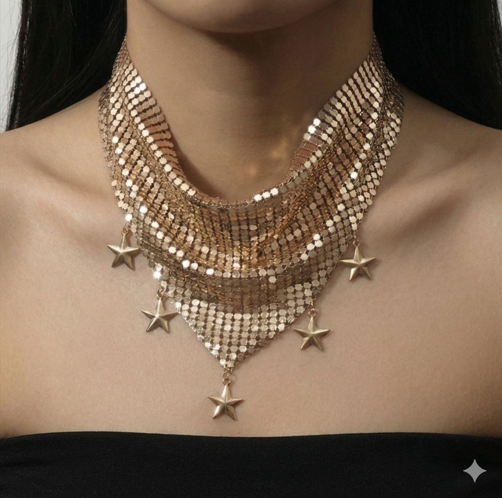Celestial Mesh Bib Necklace with Star Charms