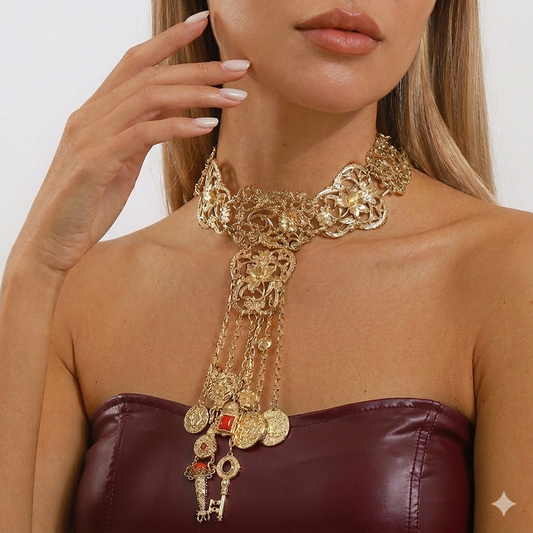 Baroque Gold Filigree Charm Choker Necklace