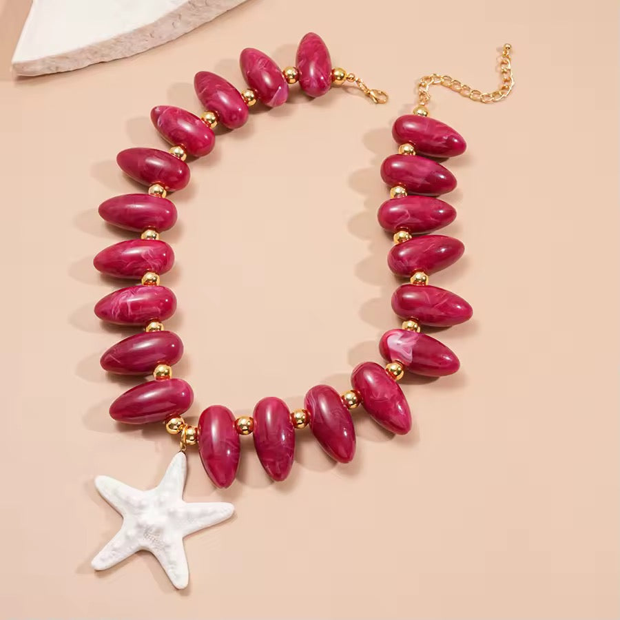 Ruby Red Beaded Starfish Necklace