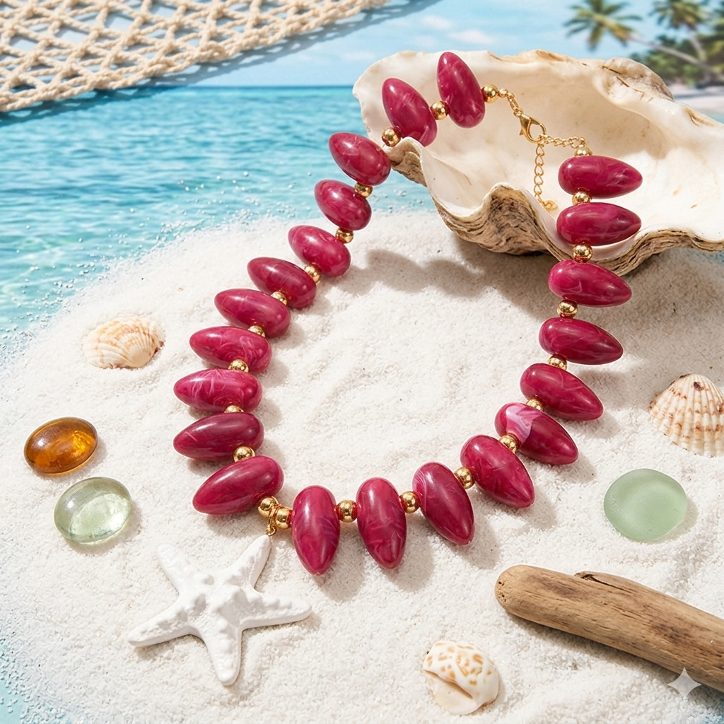 Ruby Red Beaded Starfish Necklace
