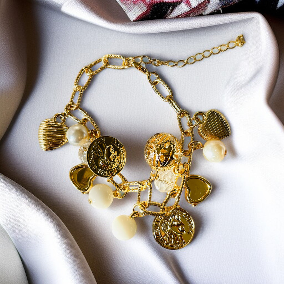 Luxury Gold Tone Coin & Pearl Charm Bracelet