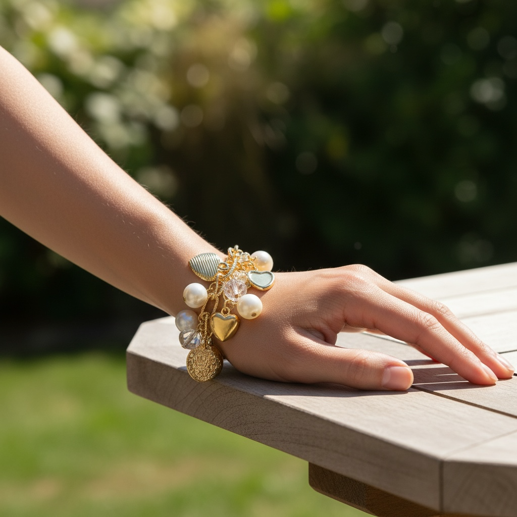 Luxury Gold Tone Coin & Pearl Charm Bracelet