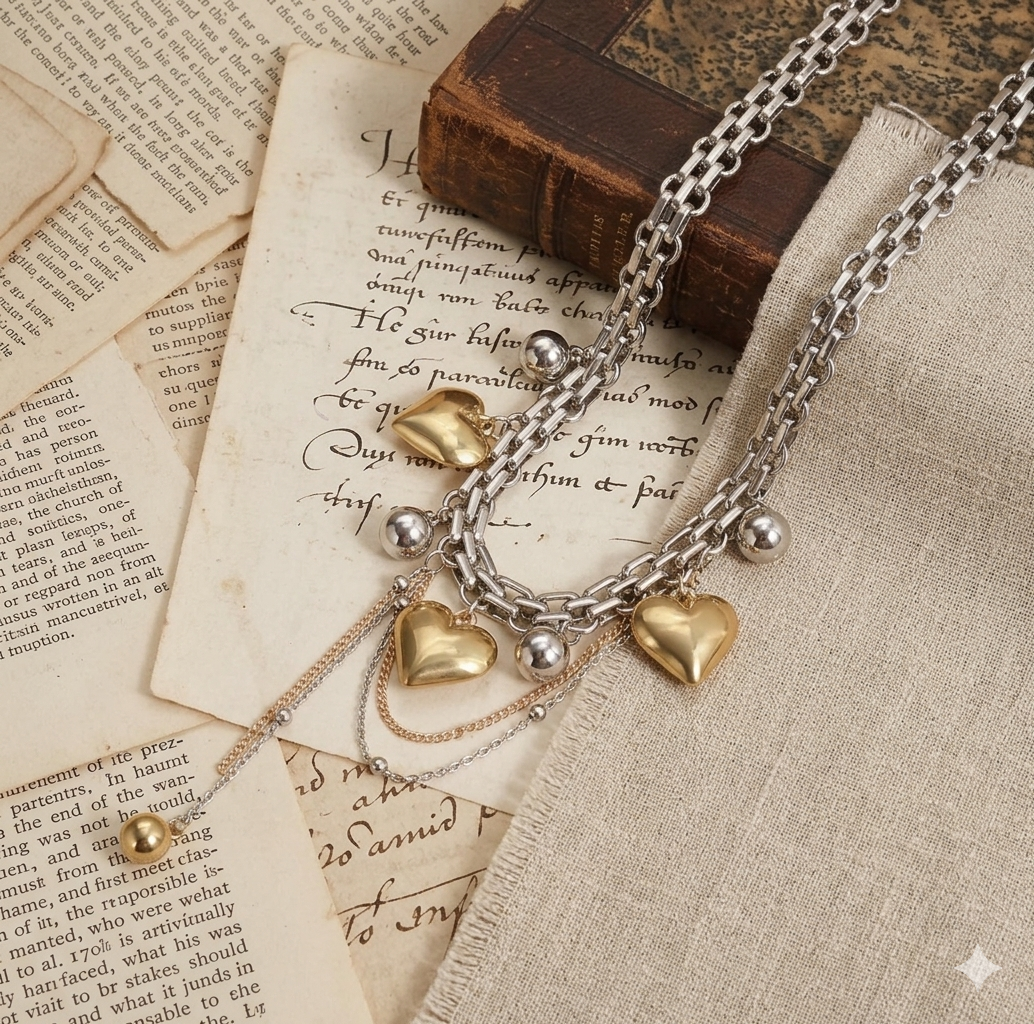 Stainless Steel Heart Charm Layered Choker Necklace