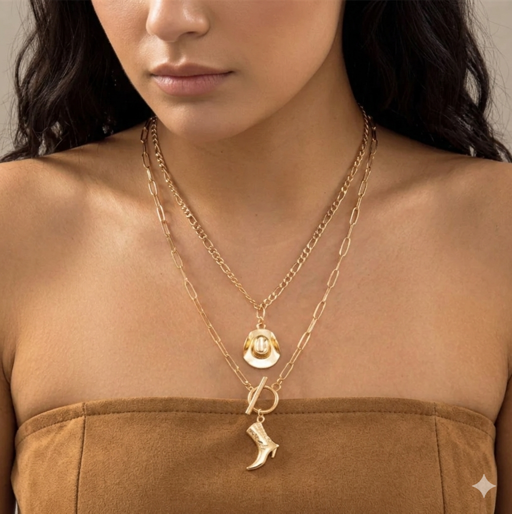 Western Charm Layered Necklace Set – Gold Cowboy Hat & Boot Pendants
