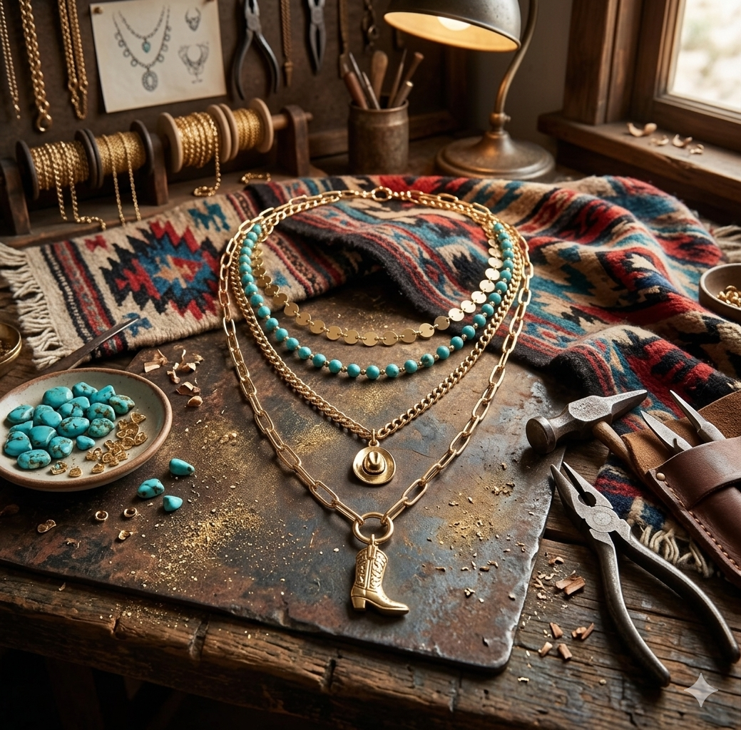 Western Boho Layered Necklace Set – 4-Piece Gold & Turquoise
