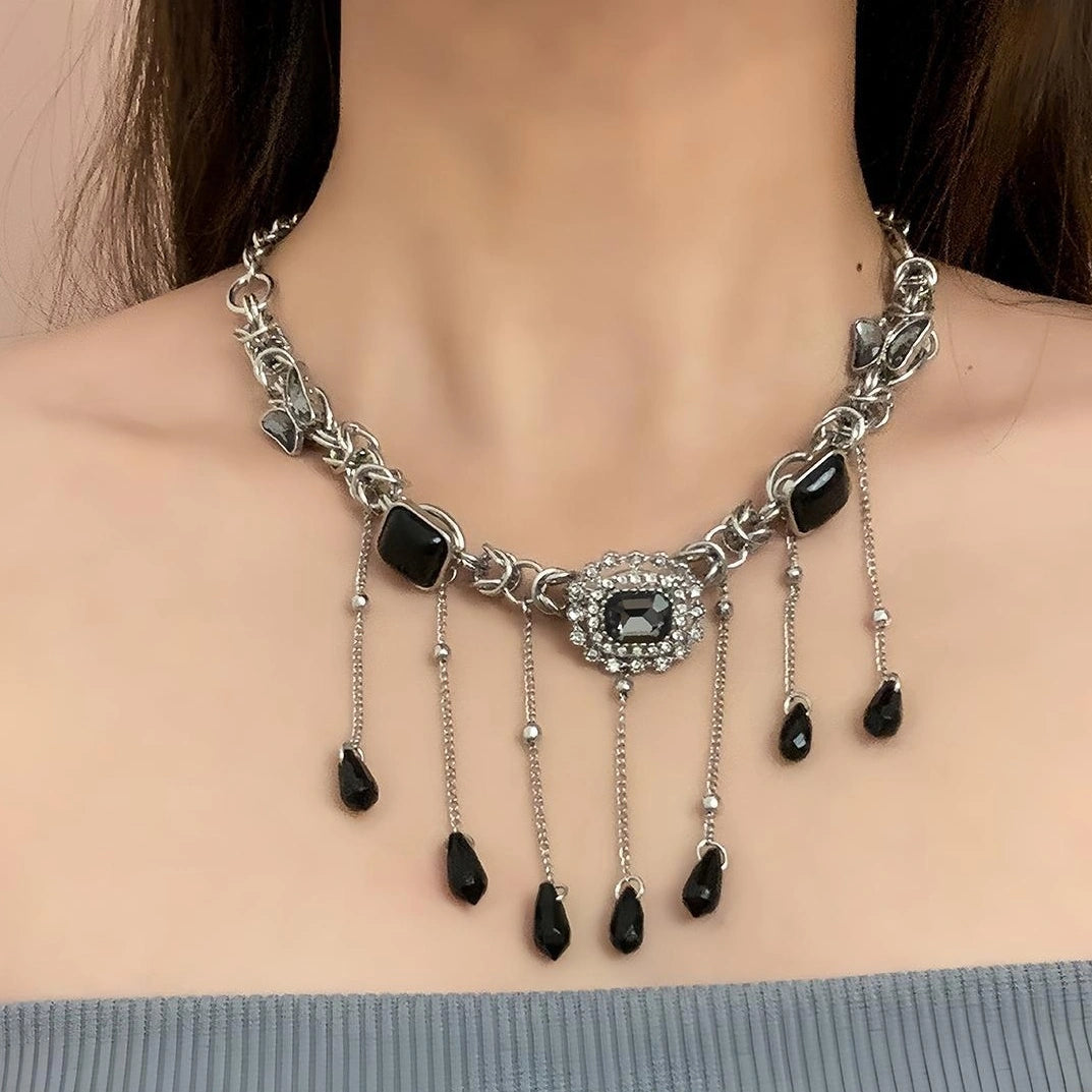 Black Onyx Crystal Tassel Fringe Statement Necklace – Gothic Chainmail Choker