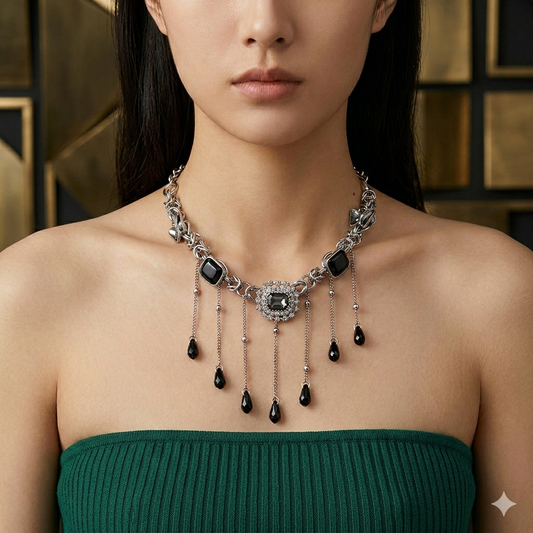Black Onyx Crystal Tassel Fringe Statement Necklace – Gothic Chainmail Choker