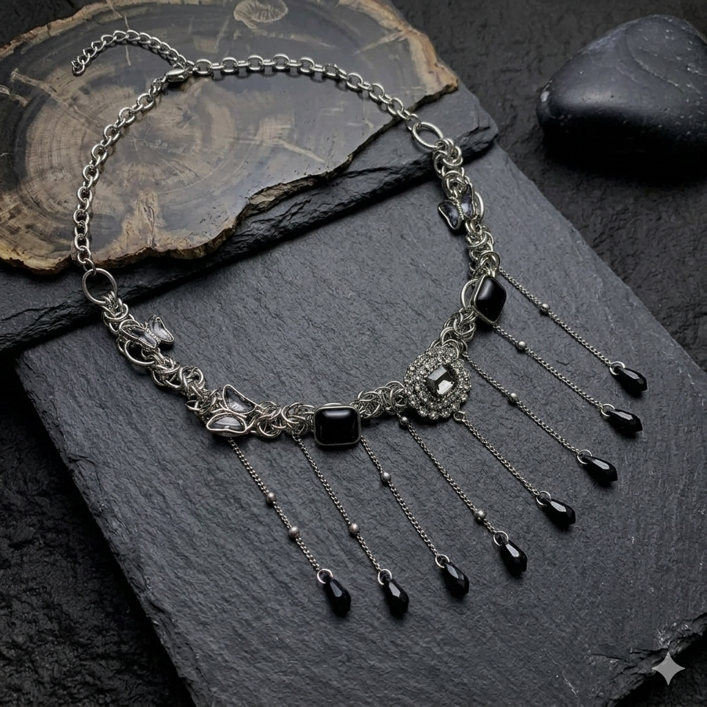 Black Onyx Crystal Tassel Fringe Statement Necklace – Gothic Chainmail Choker