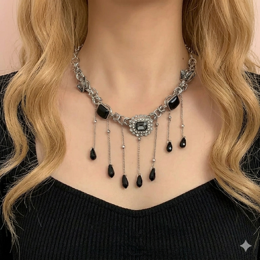 Black Onyx Crystal Tassel Fringe Statement Necklace – Gothic Chainmail Choker
