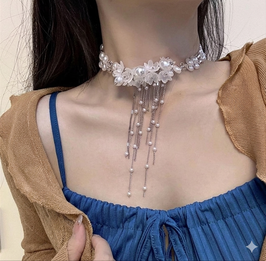 Pearl Floral Tassel Choker Necklace