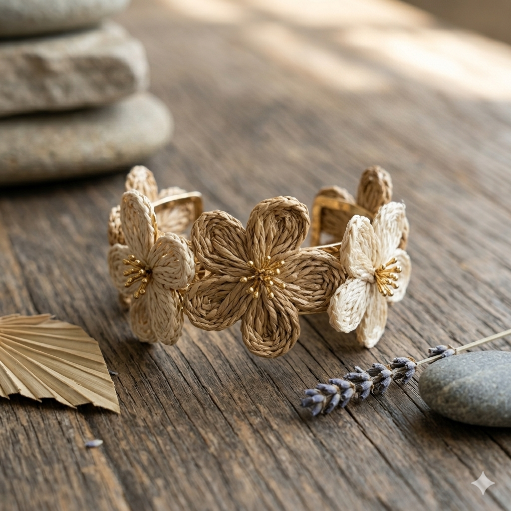 Woven Flower Cuff Bangle – Raffia & Gold