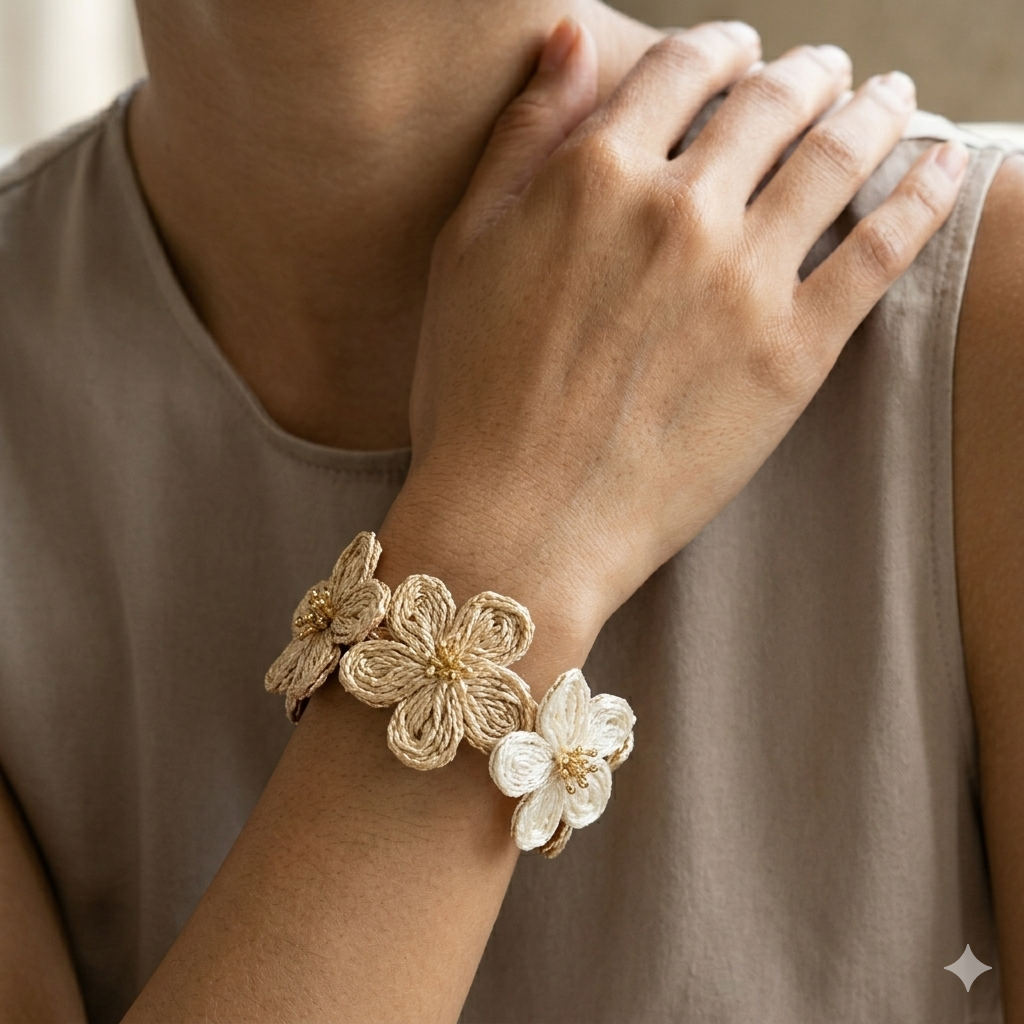 Woven Flower Cuff Bangle – Raffia & Gold