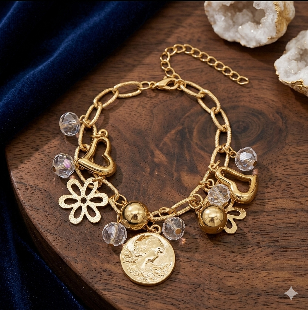 Gold Charm Bracelet – Hearts, Flowers & Crystal Beads